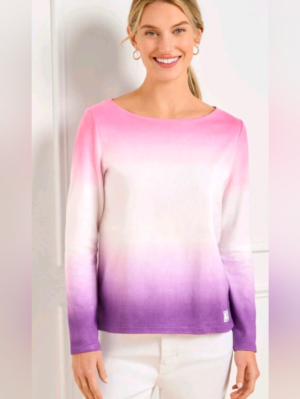 Talbots Authentic Ombre Boat Neck Long Sleeve Top Pink Purple NWT M
